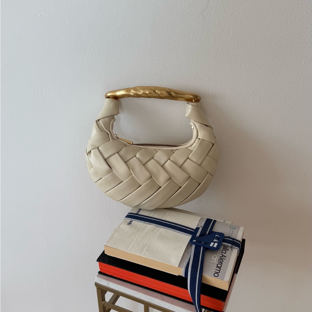 JW Pei Cream Woven Handbag with Gold Handle